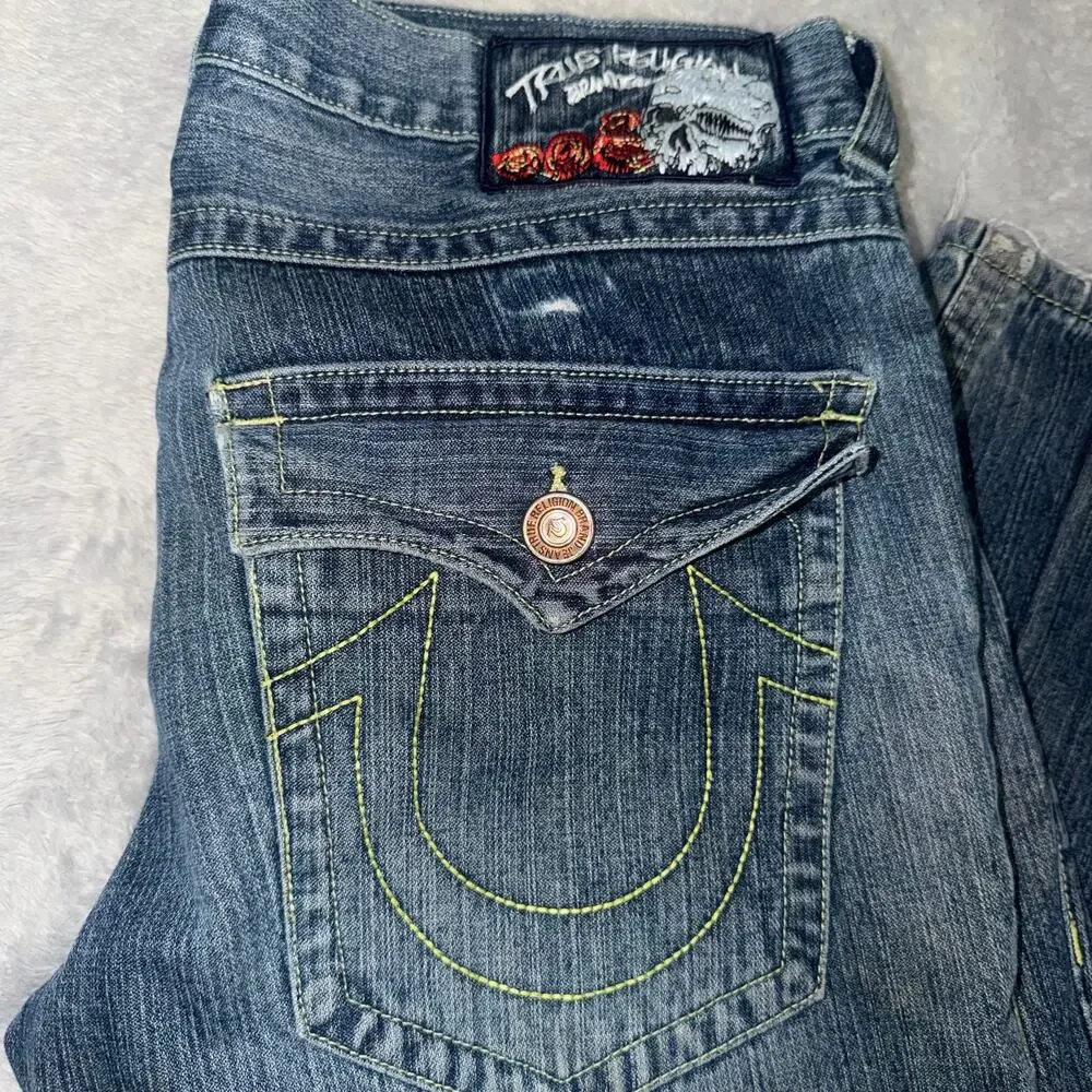 True Religion Billy Jeans Men’s 38 Skull Roses Horseshoe Blue Denim